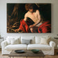 Canvas art print detailing a contemplative religious figure in rustic wilderness environment, centered above a sofa as a large focal wall piece
