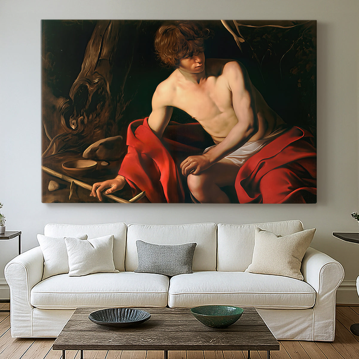Canvas art print detailing a contemplative religious figure in rustic wilderness environment, centered above a sofa as a large focal wall piece