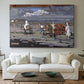 Canvas art print detailing a stylized rural setting with strong color contrasts, centered above a sofa as a large focal wall piece