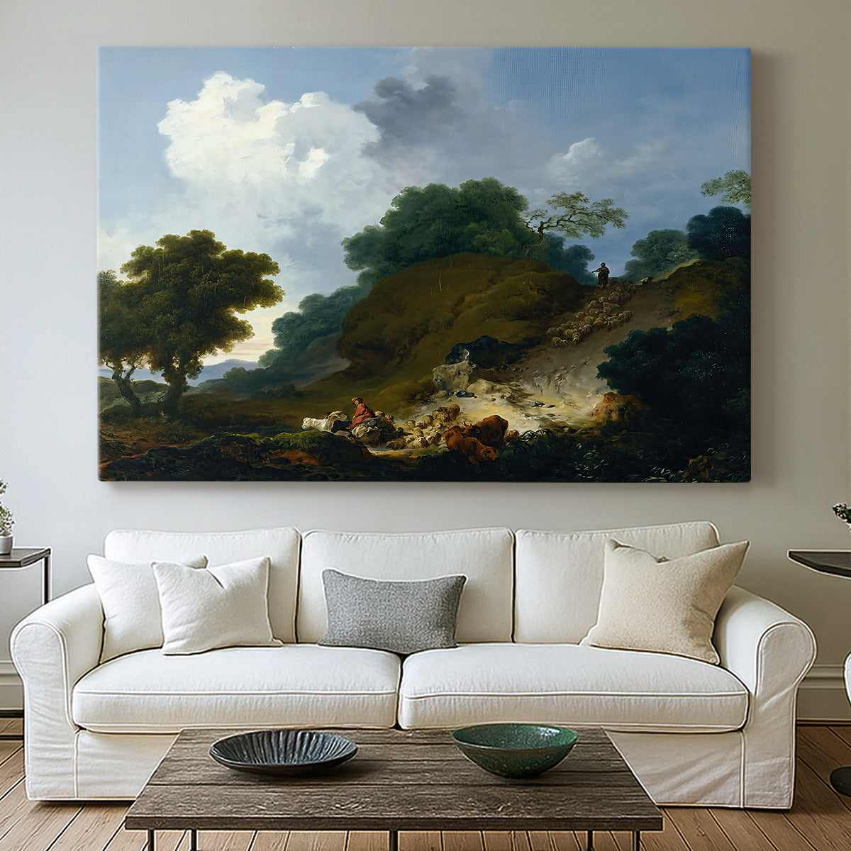 Canvas art print detailing a pastoral composition featuring livestock and terrain, centered above a sofa as a large focal wall piece
