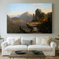 Canvas art print detailing a narrative outdoor scene set in a mountainous river valley, centered above a sofa as a large focal wall piece