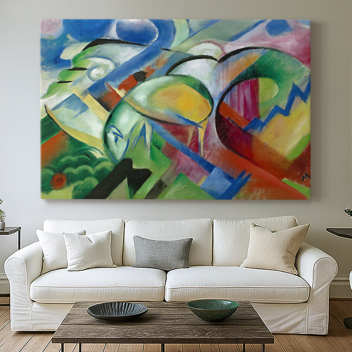 Canvas art print detailing a simplified animal forms arranged within vibrant abstract scene, centered above a sofa as a large focal wall piece