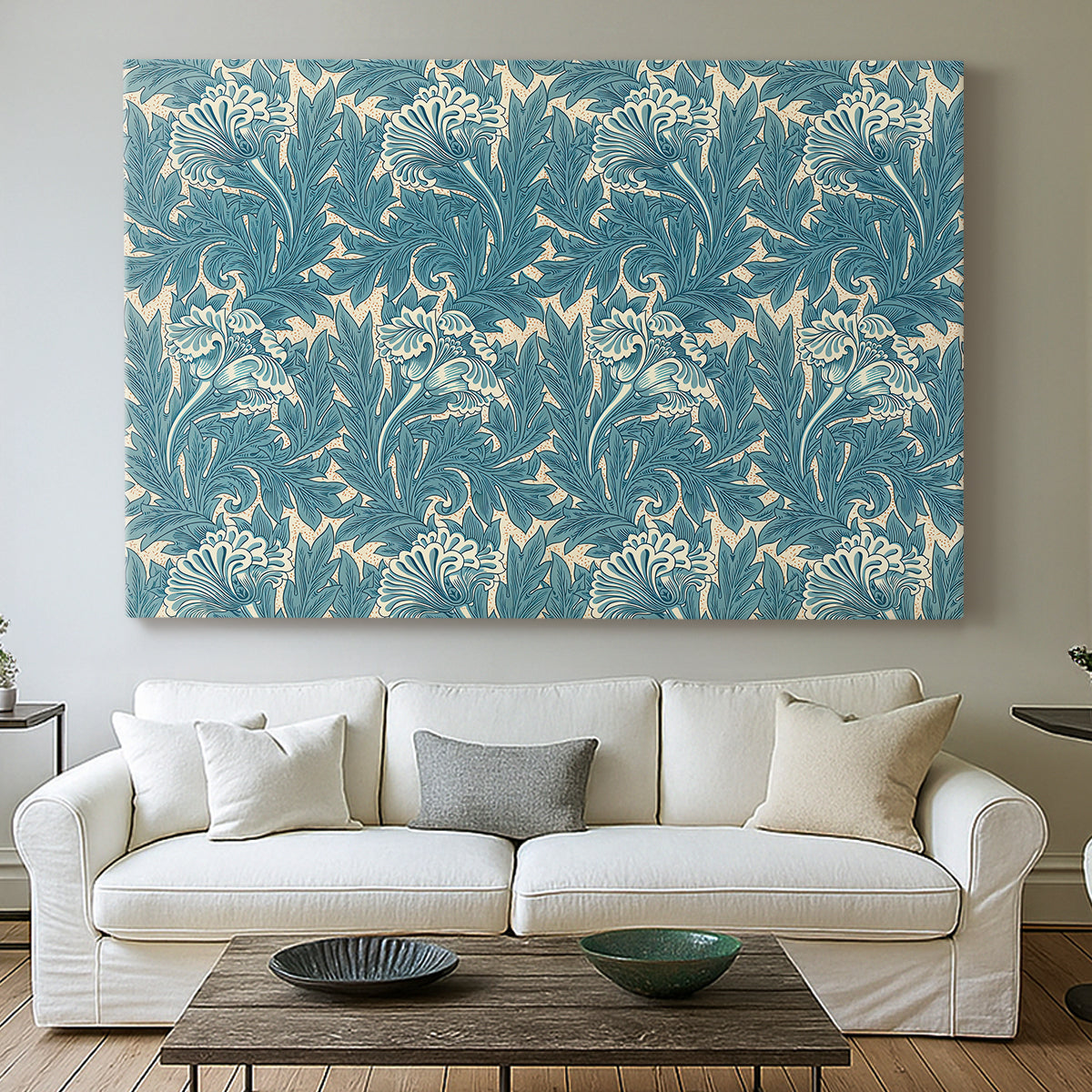 Canvas art print detailing a repeating motif featuring tulips and organic forms, centered above a sofa as a large focal wall piece