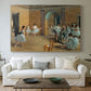 Canvas art print detailing an elegant rehearsal space with dancers in soft lighting, centered above a sofa as a large focal wall piece