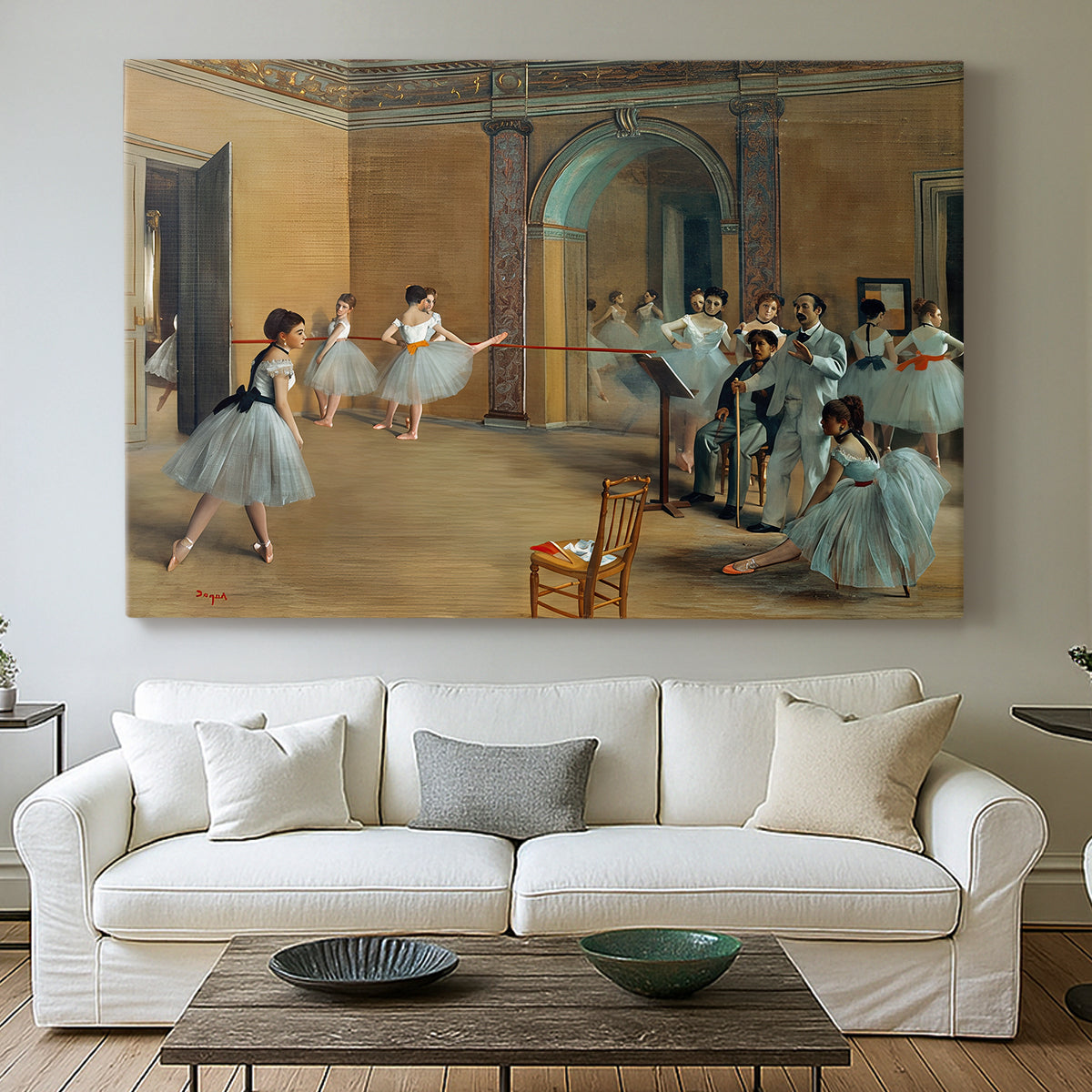 Canvas art print detailing an elegant rehearsal space with dancers in soft lighting, centered above a sofa as a large focal wall piece