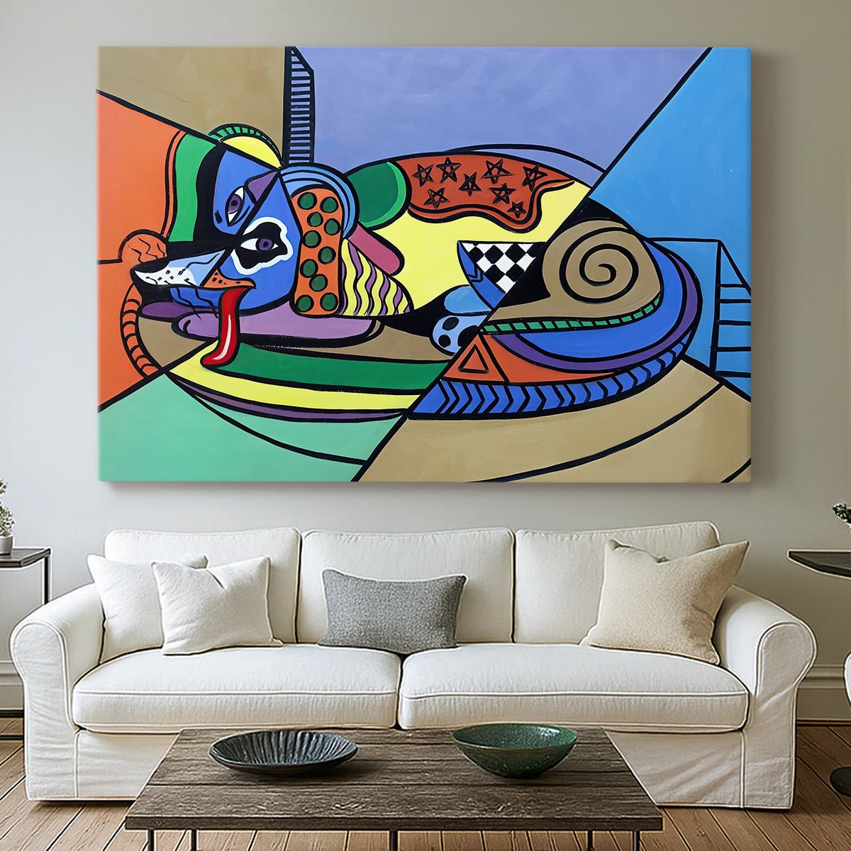Canvas art print detailing a stylized animal emphasizing geometry, centered above a sofa as a large focal wall piece