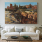 Canvas art print detailing a detailed depiction of historic Roman architecture, centered above a sofa as a large focal wall piece