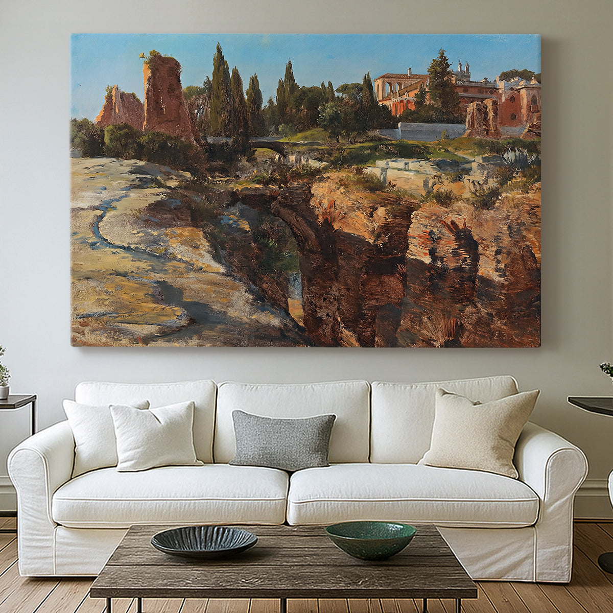 Canvas art print detailing a detailed depiction of historic Roman architecture, centered above a sofa as a large focal wall piece