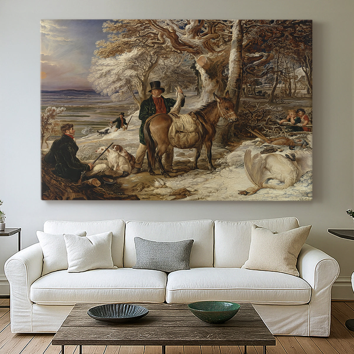 Canvas art print detailing a countryside scene capturing aftermath of hunt, centered above a sofa as a large focal wall piece