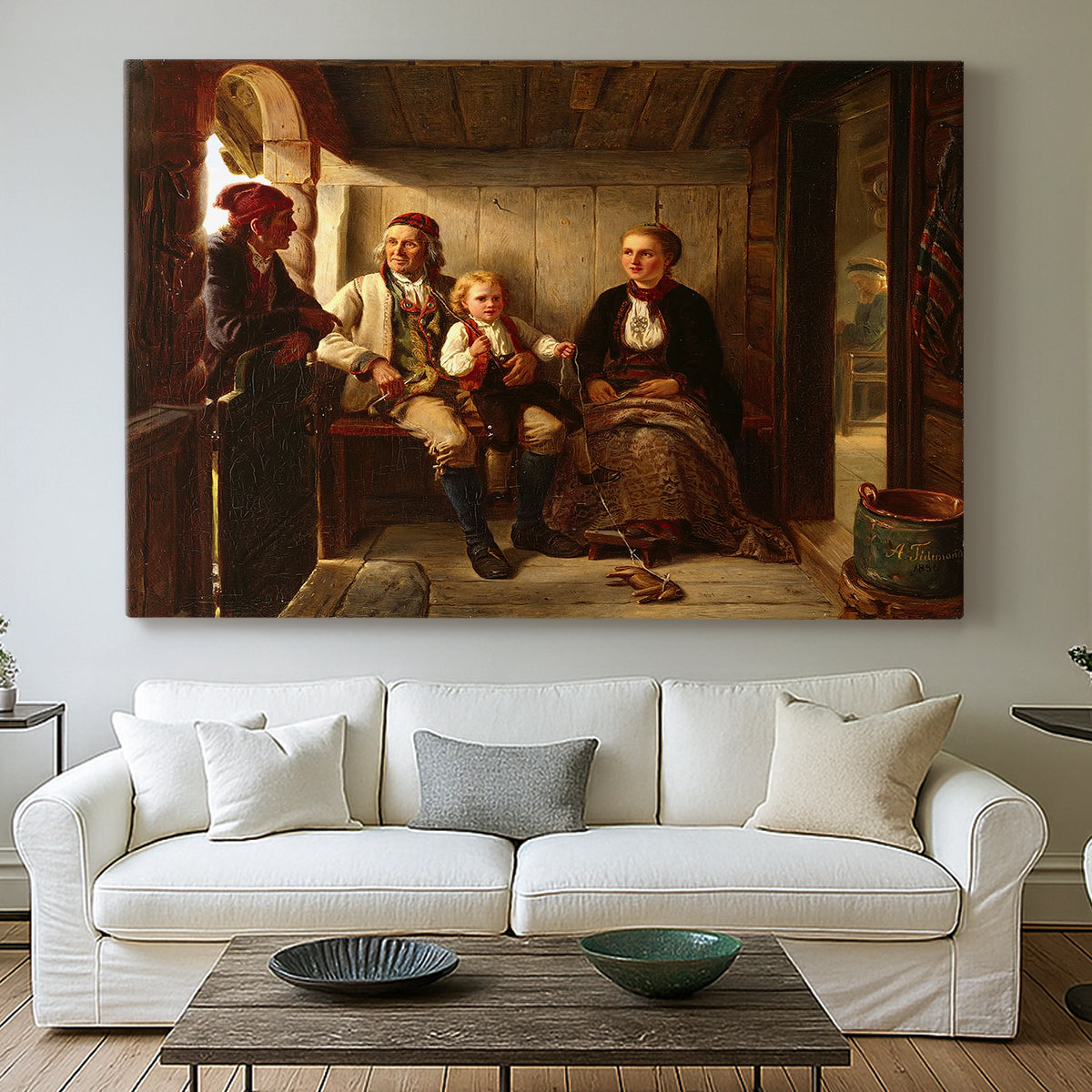 Canvas art print detailing a realistic depiction of peasants gathered in a rustic home setting, centered above a sofa as a large focal wall piece