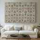 Canvas art print detailing an elongated surface filled with structured ornamental pattern, centered above a sofa as a large focal wall piece