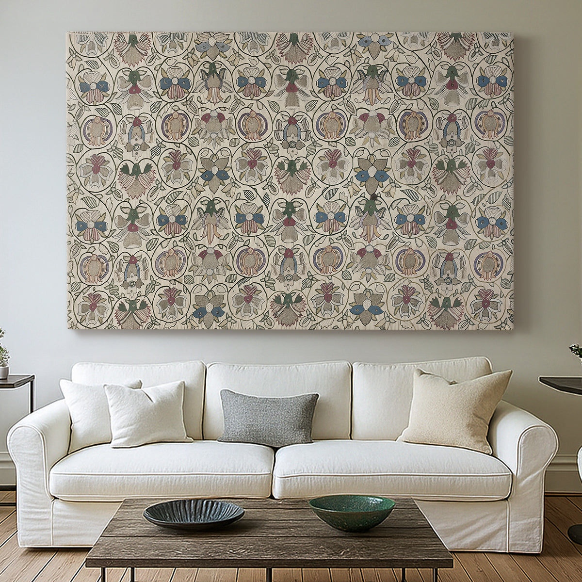 Canvas art print detailing an elongated surface filled with structured ornamental pattern, centered above a sofa as a large focal wall piece