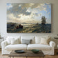 Canvas art print detailing an atmospheric coastal view with motion in sky and sea, centered above a sofa as a large focal wall piece