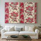 Canvas art print detailing a pattern with floral elements organized around curved central forms, centered above a sofa as a large focal wall piece