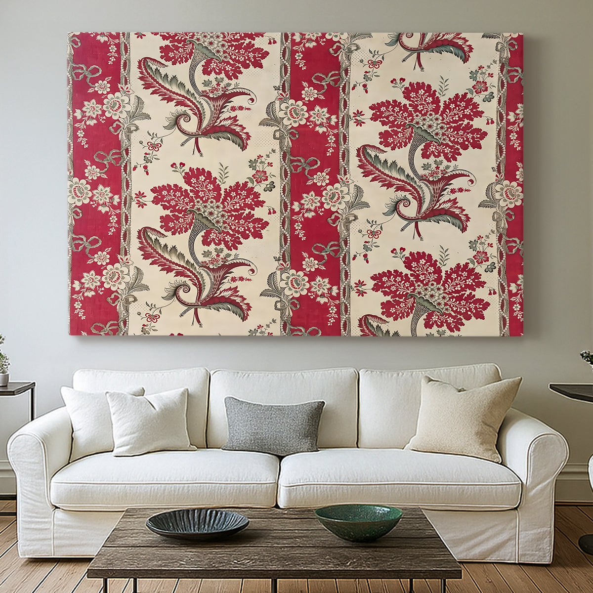 Canvas art print detailing a pattern with floral elements organized around curved central forms, centered above a sofa as a large focal wall piece
