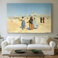 Canvas art print detailing a cultural landscape with desert foreground and historic structures, centered above a sofa as a large focal wall piece