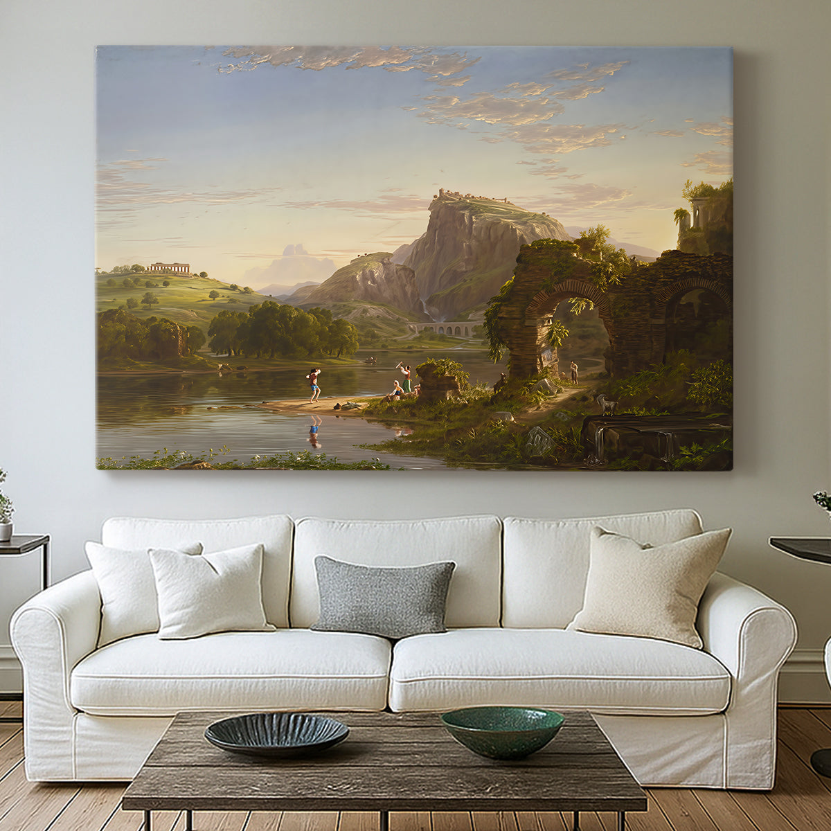 Canvas art print detailing an expressive countryside composition with balanced light, centered above a sofa as a large focal wall piece