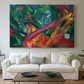 Canvas art print detailing a modernist animal figure with fragmented composition, centered above a sofa as a large focal wall piece