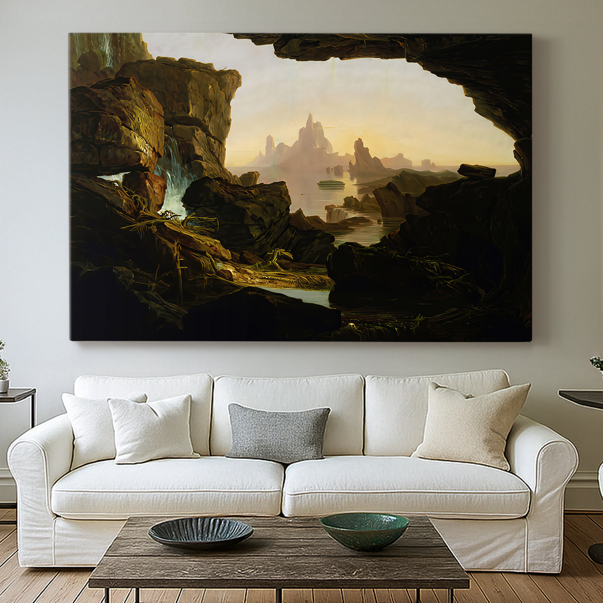 Canvas art print detailing an expressive composition showing aftermath of flood, centered above a sofa as a large focal wall piece
