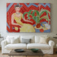 Canvas art print detailing a colorful portrait of a woman in an interior setting, centered above a sofa as a large focal wall piece
