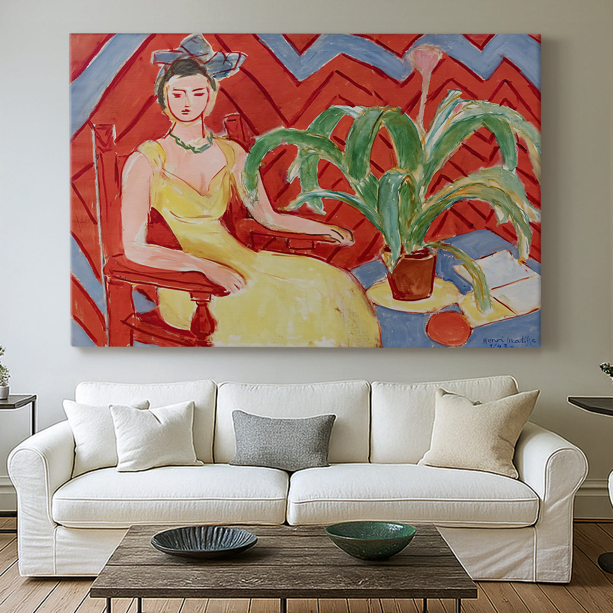 Canvas art print detailing a colorful portrait of a woman in an interior setting, centered above a sofa as a large focal wall piece