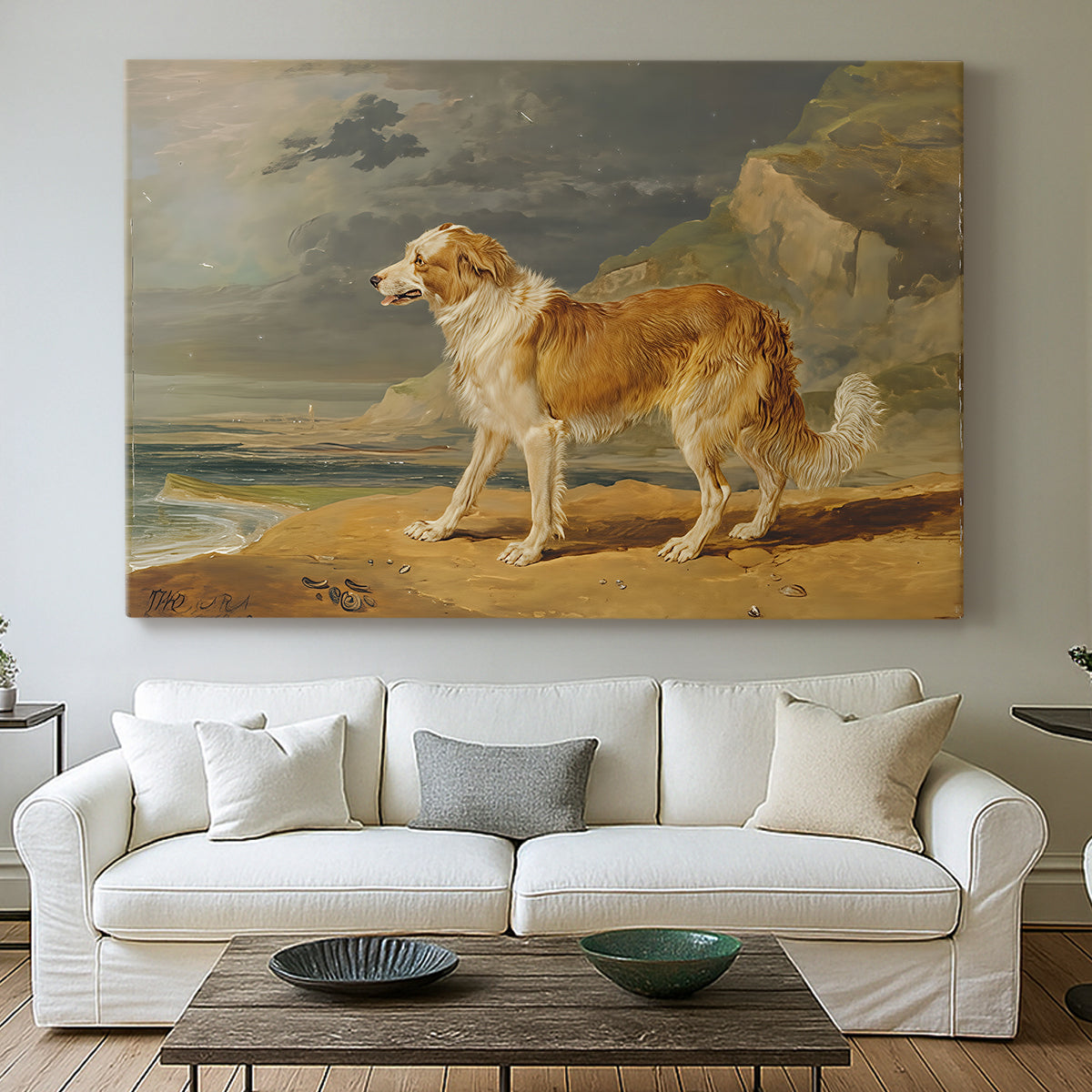 Canvas art print detailing an animal study of dog in natural setting, centered above a sofa as a large focal wall piece