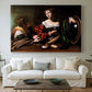 Canvas art print detailing a religious interior scene with figures engaged in thoughtful dialogue, centered above a sofa as a large focal wall piece