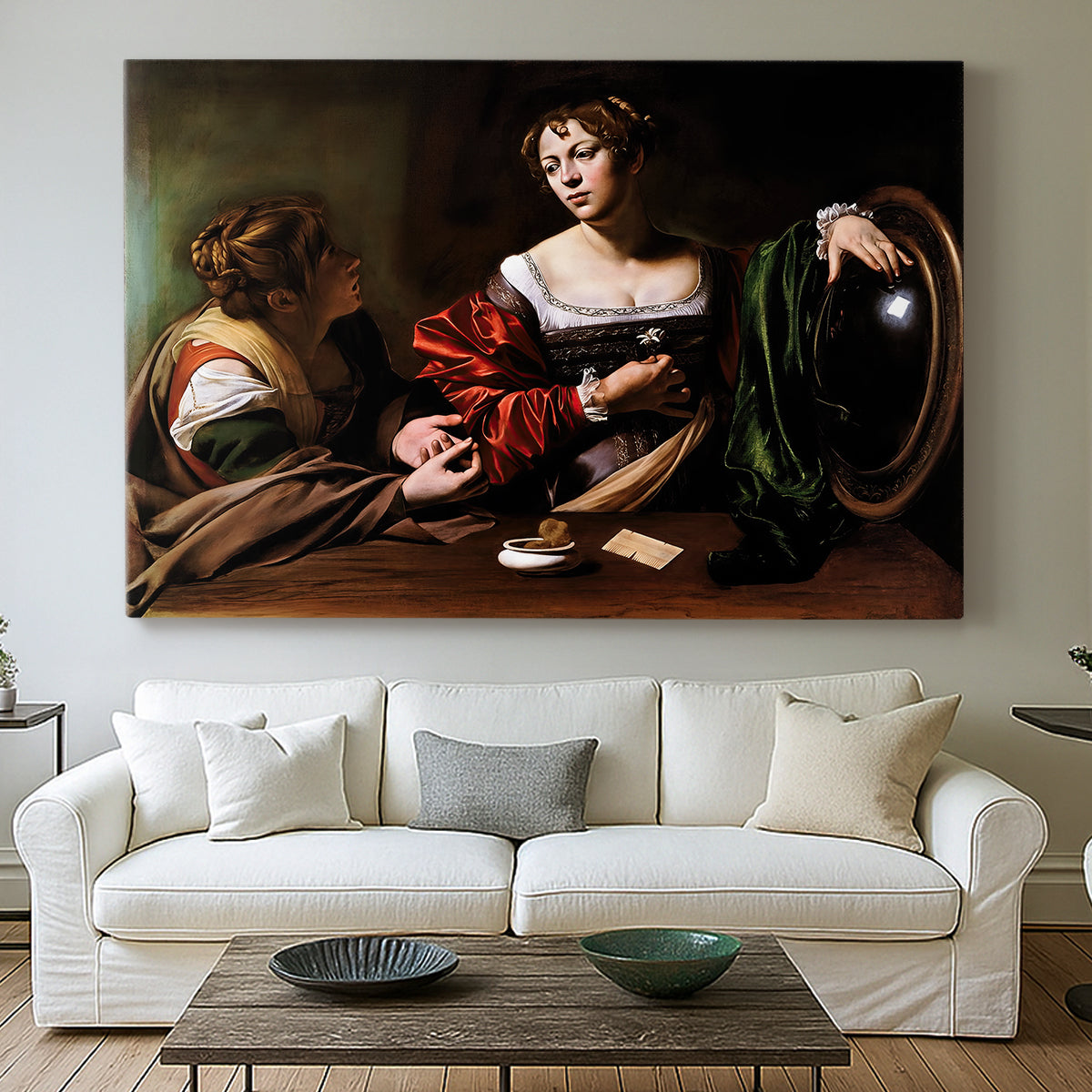 Canvas art print detailing a religious interior scene with figures engaged in thoughtful dialogue, centered above a sofa as a large focal wall piece