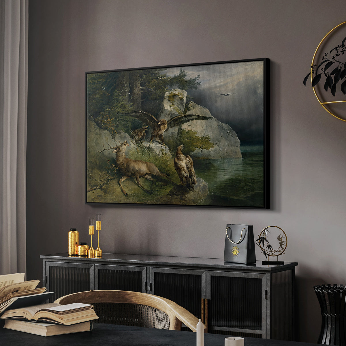 Eagles and Dying Stag on a Lakeshore, 1836 - Floater Framed Canvas Print