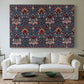 Canvas art print detailing a structured botanical motif with repeating curved shapes, centered above a sofa as a large focal wall piece