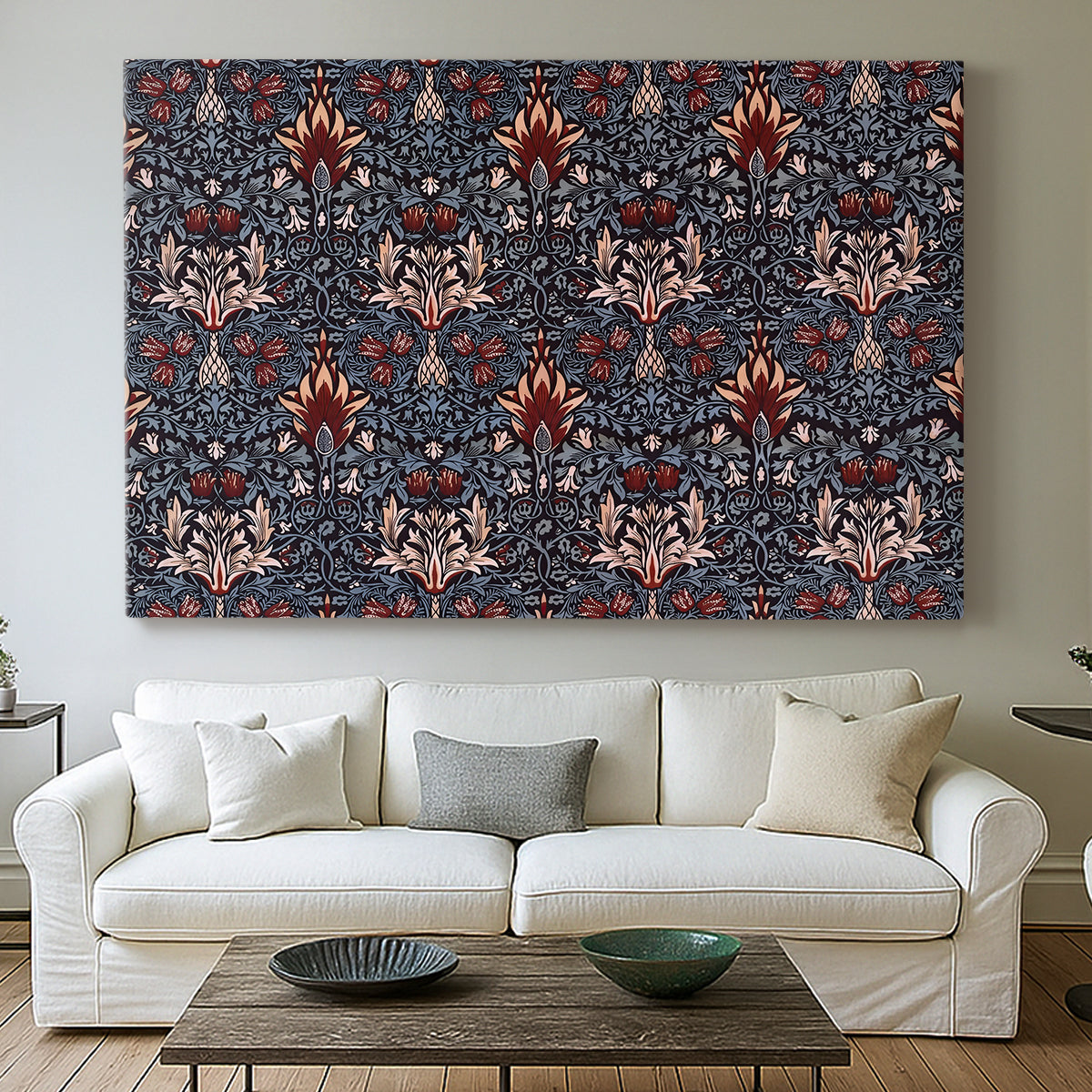 Canvas art print detailing a structured botanical motif with repeating curved shapes, centered above a sofa as a large focal wall piece