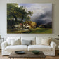 Canvas art print detailing a realistic farm activity scene, centered above a sofa as a large focal wall piece
