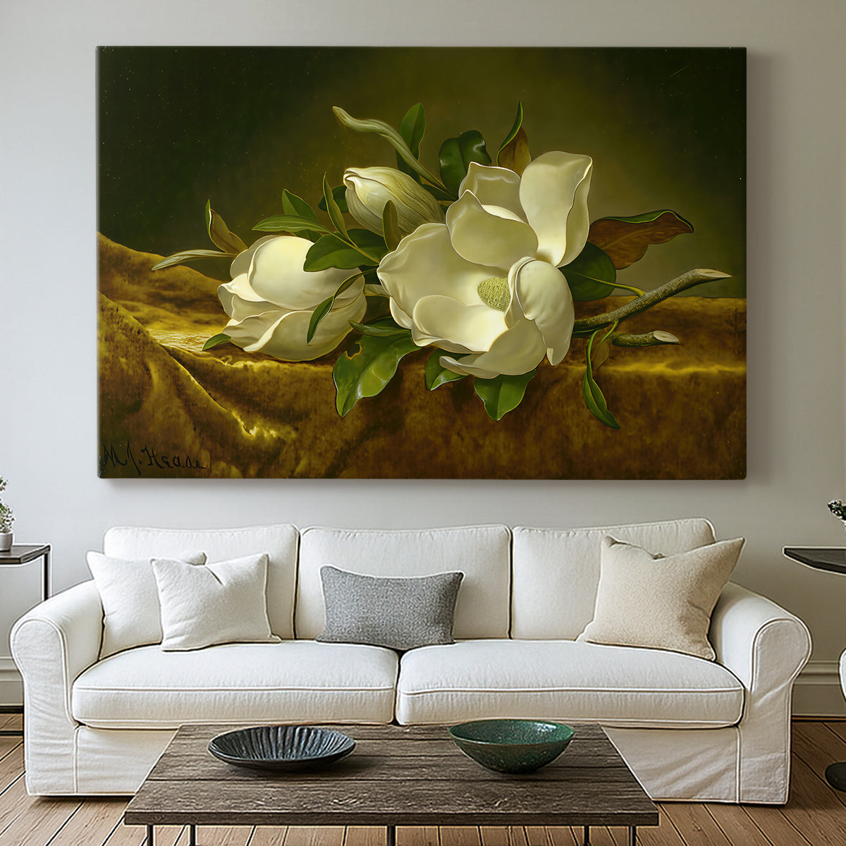 Canvas art print detailing a luminist still life with blossoms, centered above a sofa as a large focal wall piece