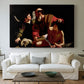 Canvas art print detailing an intense religious narrative with figures in close physical struggle, centered above a sofa as a large focal wall piece