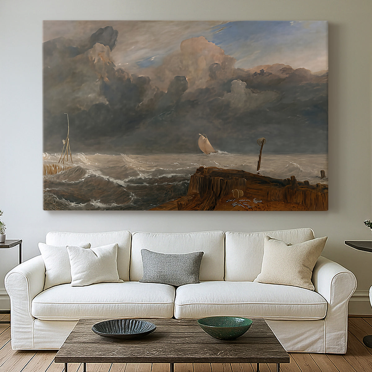 Canvas art print detailing a seaside composition with harbor, centered above a sofa as a large focal wall piece