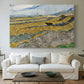 Canvas art print detailing a countryside composition showing agricultural labor in enclosed field, centered above a sofa as a large focal wall piece