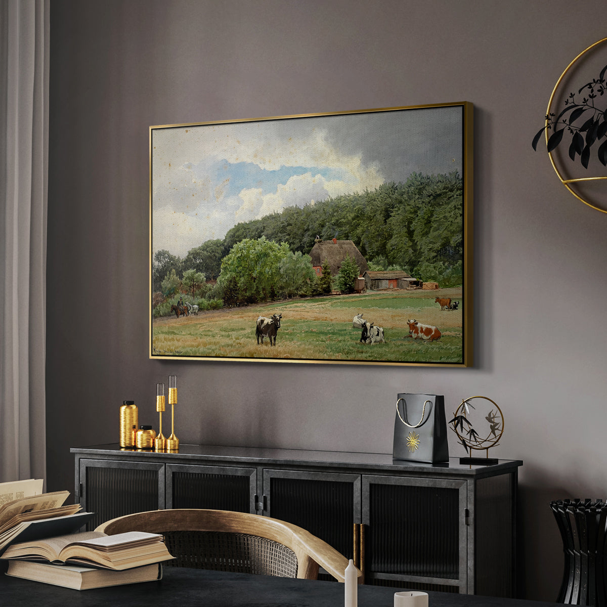 Farm with Grazing Cows (Bondegård med beitende kuer), 1892 - Floater Framed Canvas Print