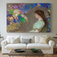 Canvas art print detailing a stylized portrait blending figure and abstraction, centered above a sofa as a large focal wall piece