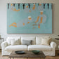 Canvas art print detailing a stylized scene of social gathering with bold color use, centered above a sofa as a large focal wall piece