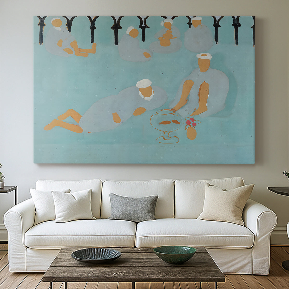Canvas art print detailing a stylized scene of social gathering with bold color use, centered above a sofa as a large focal wall piece
