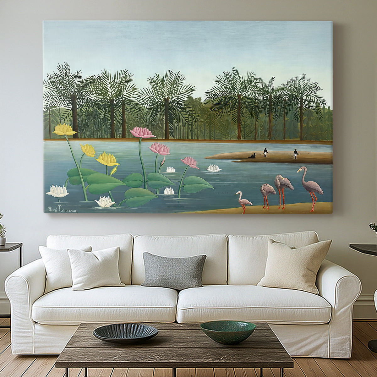 Canvas art print detailing a tropical landscape featuring birds and greenery, centered above a sofa as a large focal wall piece