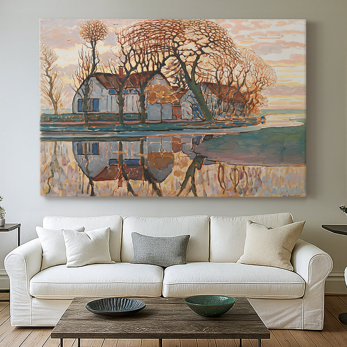 Canvas art print detailing a structured countryside with strong lines and contrast, centered above a sofa as a large focal wall piece