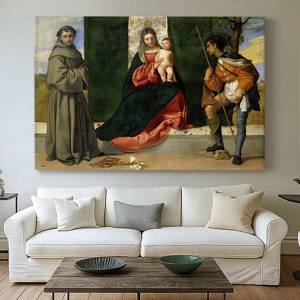 Canvas art print detailing a formal devotional scene with seated Madonna and standing holy figures, centered above a sofa as a large focal wall piece
