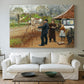 Canvas art print detailing an everyday rural life scene with figures near buildings, centered above a sofa as a large focal wall piece