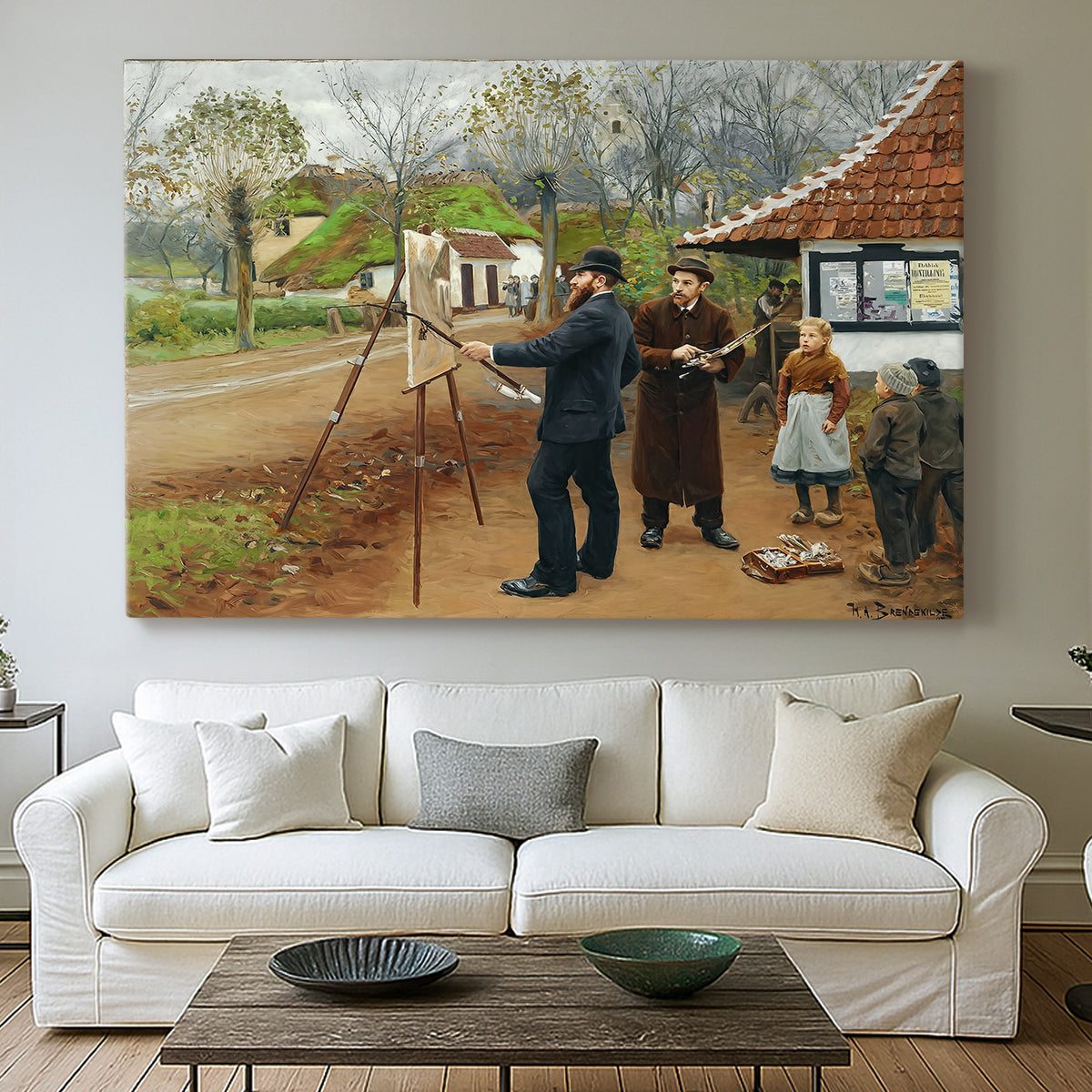 Canvas art print detailing an everyday rural life scene with figures near buildings, centered above a sofa as a large focal wall piece