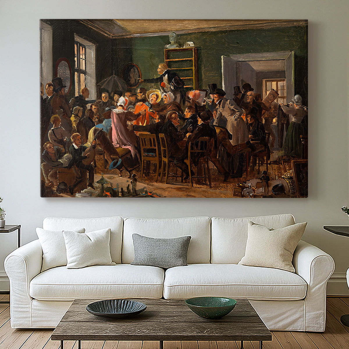 Canvas art print detailing an interior setting filled with figures engaged in event, centered above a sofa as a large focal wall piece