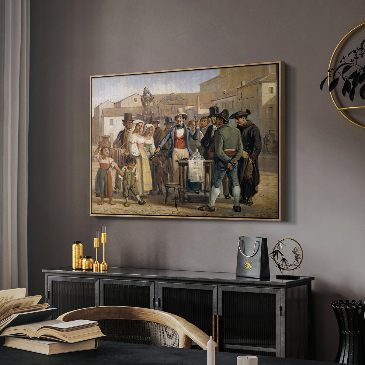 A Charlatan Selling Blacking in the Piazza Barberini in Rome, c. 1840-1849 - Floater Framed Canvas Print