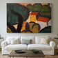 Canvas art print detailing an expressive composition of buildings and vegetation, centered above a sofa as a large focal wall piece