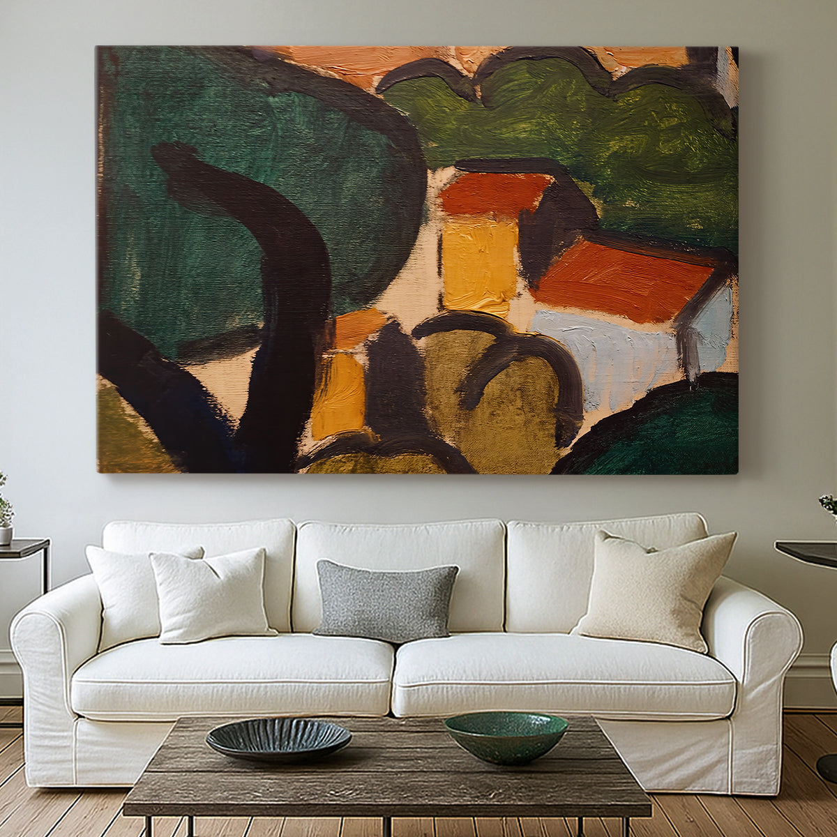 Canvas art print detailing an expressive composition of buildings and vegetation, centered above a sofa as a large focal wall piece