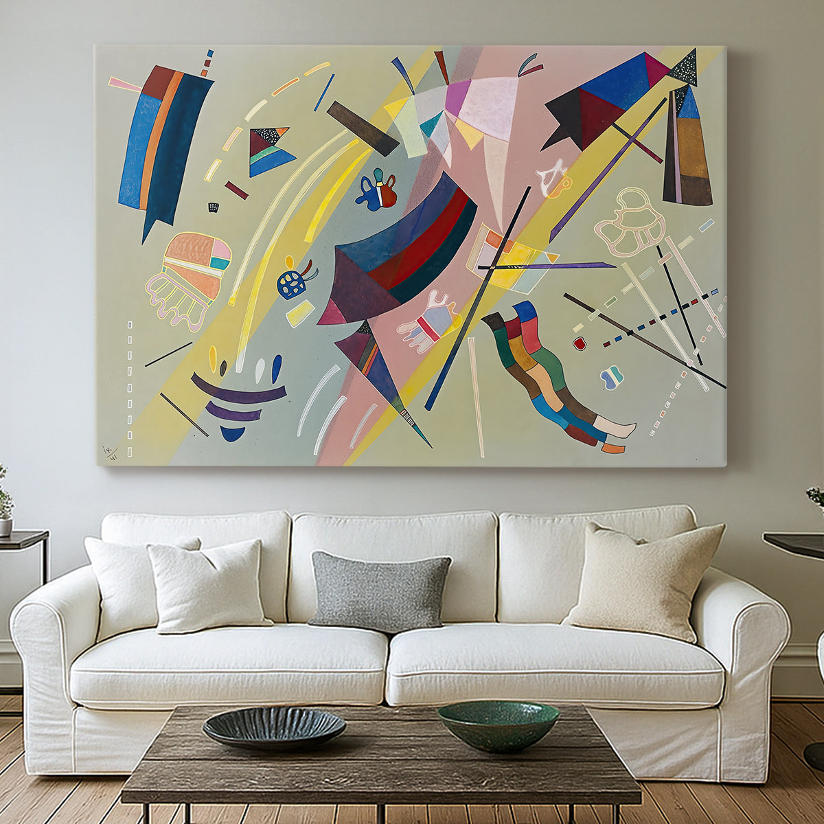 Canvas art print detailing a stylized composition focused on geometry and contrast, centered above a sofa as a large focal wall piece